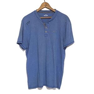 Hollister Men's Blue Henley Shirt Short Sleeve Henley Tee Blue/Gray Large